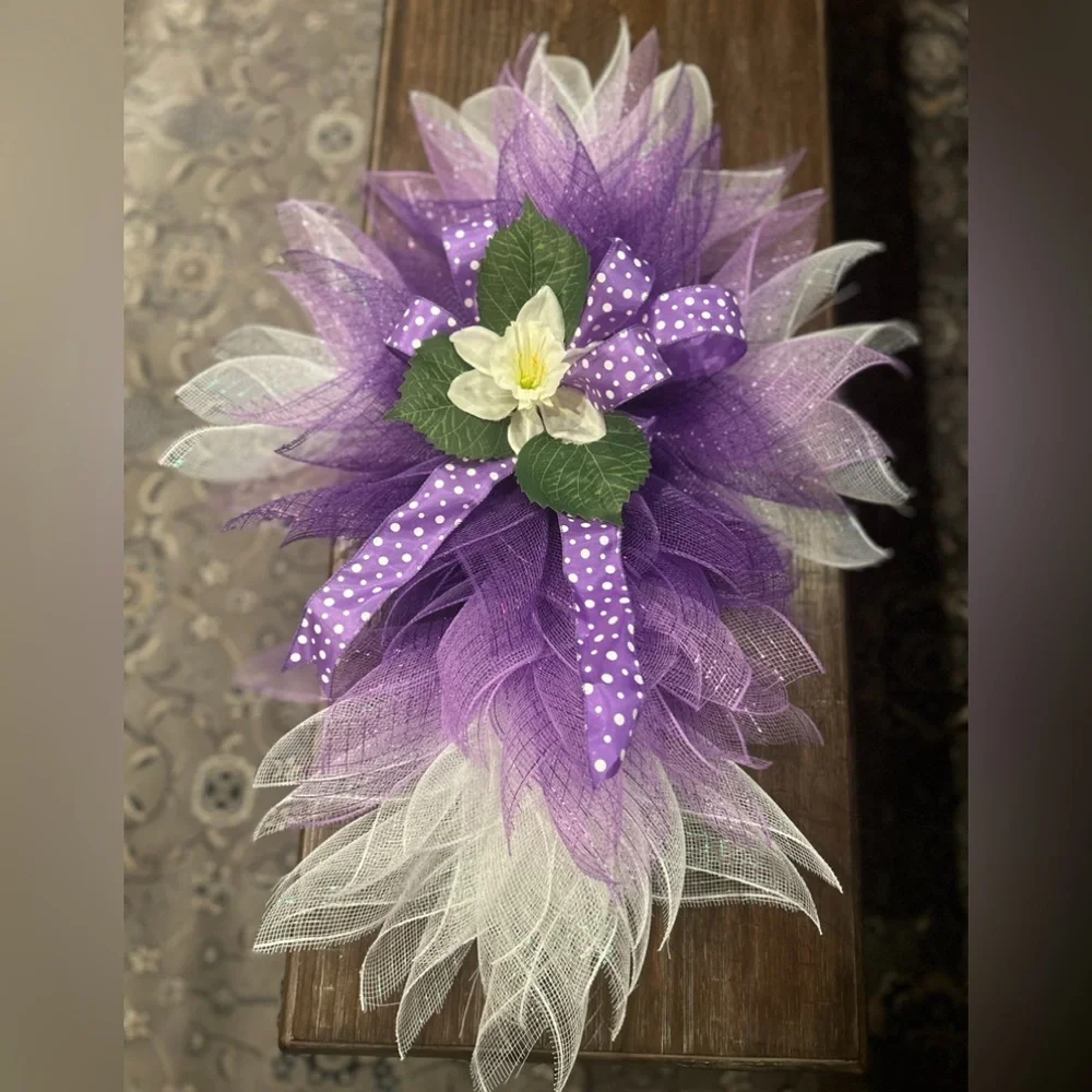 Purple and White Decorative Cross Mesh Bow